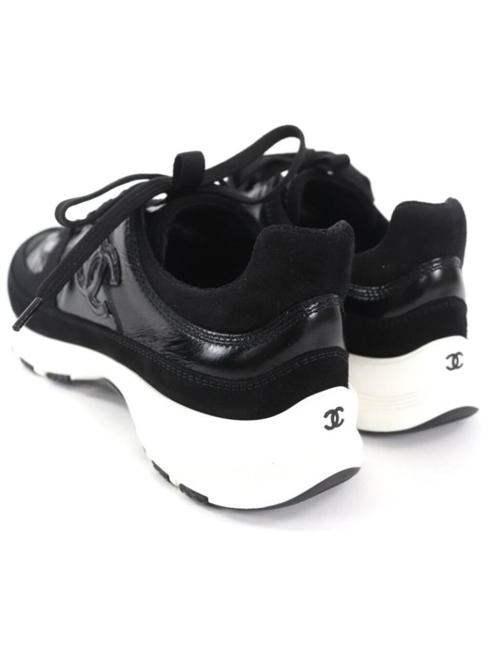 Chanel Coco Mark Leather Low Cut Sneakers Black White 37 Boxes - Picture 6 of 14